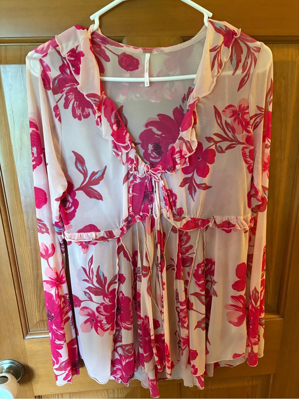 Free People Pink Floral Ruffle Tie-Front Blouse